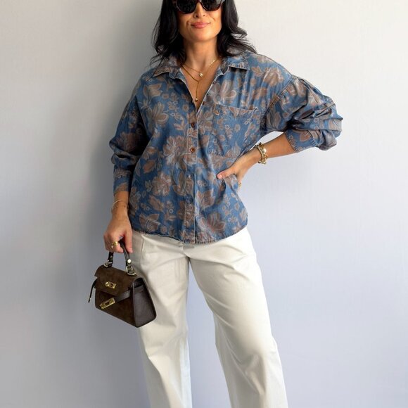 Women’s Denim Button-Down Shirt – Blue Floral - Picture 6 of 10
